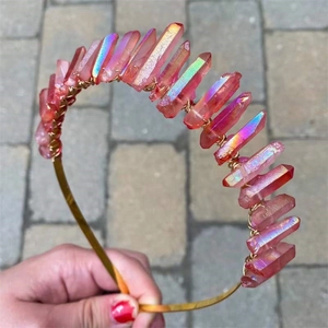 Detail of handmade gold crown headband with pink iridescent raw crystal stones