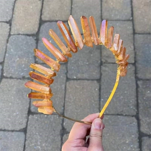 Handmade orange aura crystal crown headband with bohemian gold wire wrapped crystals