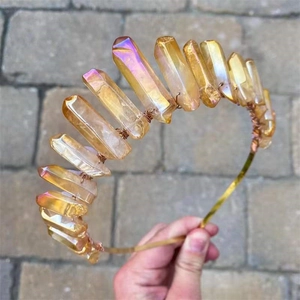 Macro detail of the amber crystal crown handcrafted with fine gold copper wire wrap