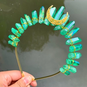 Handmade gold moon crown headband featuring translucent green crystal quartz stones