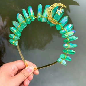 Bohemian gold headband featuring raw green crystals and a crescent moon charm