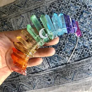 Handcrafted rainbow crystal headband featuring a moon and star pendant on a metal wire