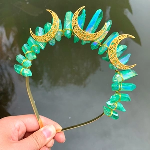 Handcrafted aurora green crystal moon crown headband for party wear and unique gifts