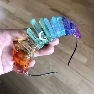 Handcrafted rainbow crystal crown headband with natural stones and silver moon emblem