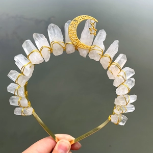 Handmade white crystal crown headband with golden moon star pendants in bohemian style
