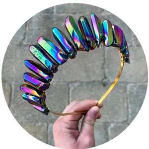 Handmade gold crystal crown headband with rainbow plated raw quartz for bridal hair accessory