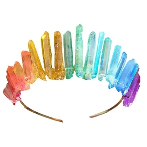 Detailed view of bohemian rainbow crystal crown headband with raw stone arrangement