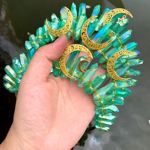 Bohemian Handmade Green Raw Crystal Crown Headband Moon Star Gold Wire Wrapped Tiara For Women Party Wedding Hair Decoration