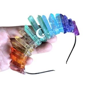 Detail of rainbow crystal headband with silver moon and star accents on black wire