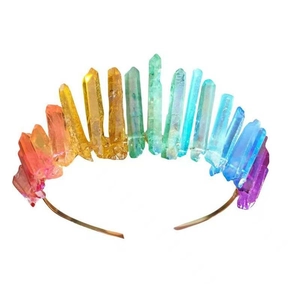 Bohemian rainbow gradient raw crystal crown headband on a golden metal base