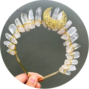 Handmade white crystal crown headband with gold wire wrap and moon pendant for parties