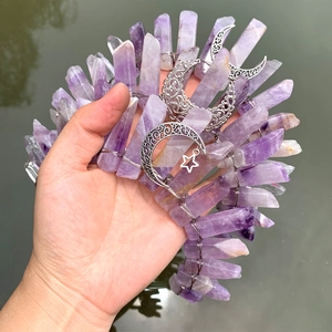 Serre-tête Couronne Tranches d'Améthyste Naturelle Fait Main Bohème Accessoires Lune Étoile Argent Coiffe de Fête pour Femmes