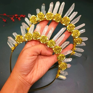 Cerchietto Fatto a Mano con Cristallo Bianco Naturale e Rosa in Metallo Oro Corona Halo da Dea per Matrimonio Festa Cosplay Donna