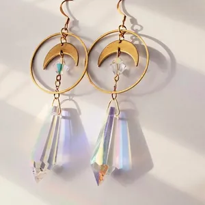 Bohemian crescent moon crystal drop earrings in gold finish with prism pendants