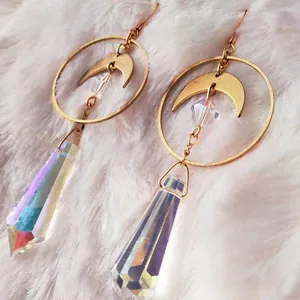 Bohemian gold crescent moon earrings with long faceted iridescent crystal pendants
