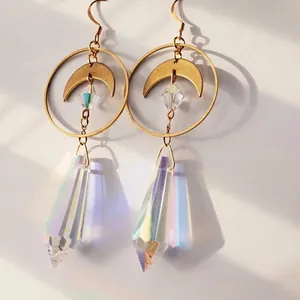 Bohemian Moon Crescent Iridescent Crystal Dangle Earrings For Women Gold Tone Alloy Prism Drop Earrings Fashion Daily Jewelry Gift