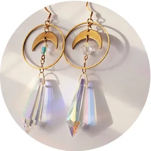 Bohemian crystal prism drop earrings with gold crescent hooks and rainbow refraction effect