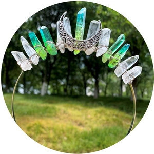 Handmade crystal moon crown headband with natural quartz and silver crescent for women