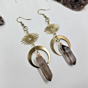 Bohemian sun and moon celestial earrings with natural smoky quartz crystal drops