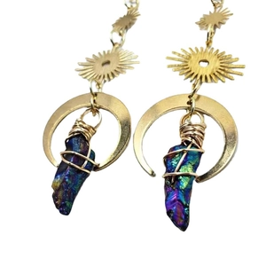 Bohemian sun and moon celestial earrings with iridescent raw crystal stones in gold