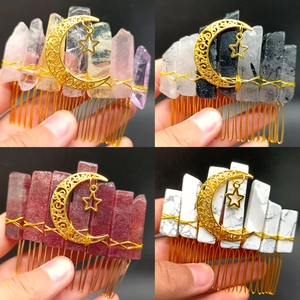 Handmade Natural Crystal Hair Comb With Gold Moon Star Pendant Bohemian Vintage Mystical Headpiece For Women Wedding Party Jewelry