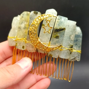 Handmade crystal hair comb with natural green stones and golden moon star accents