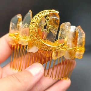 Handmade citrine crystal hair comb with golden crescent moon and star celestial accessories