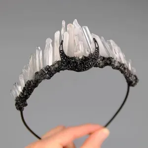 Gothic crown headband featuring white crystal raw stones and black moon centerpiece