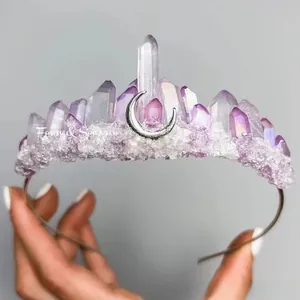 Bohemian purple crystal raw gemstone crown headband featuring a silver crescent moon element