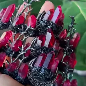 Gothic crown headpiece with dark red crystal clusters and vintage silver moon branch details