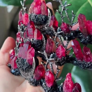 Gothic handmade bronze branch crown headband with natural red raw crystal stones