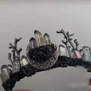 Gothic crown headpiece with raw crystal points and silver crescent moon on branch base