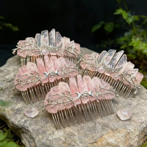 Bohemian Rose Quartz Crystal Hair Comb With Moon Star Branch Accessory For Women Handmade Wedding Party Hair Jewelry