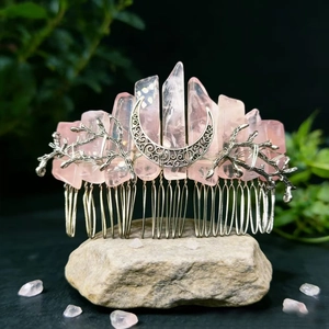 Handmade rose quartz hair comb with silver moon and branch for bohemian style accessories