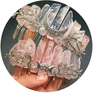 Pink quartz hair comb with silver branches, moon and star elements in celestial style