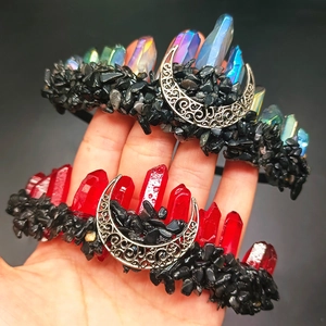 Cerchietto Corona di Luna in Cristallo Aura Naturale Gotico Tiara in Pietra di Quarzo Bohemien Accessori Capelli Matrimonio Donna