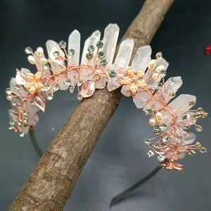 Handgefertigte Natur Bergkristall Krone Haarreif Boho Roségold Legierung Blume Künstliche Perle Strass Braut Hochzeit Tiara Party Haarschmuck