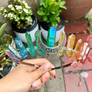 Handmade rainbow crystal crown headband with a vintage silver crescent moon ornament