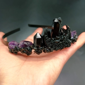 Gothic crown headpiece with black raw crystals and purple amethyst on metal base