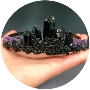 Gothic black crystal crown headband with crescent moon and amethyst stone accents
