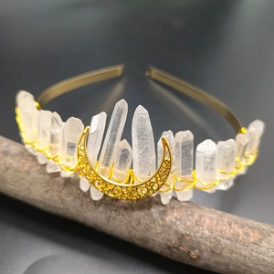 White crystal moon crown headband with gold wire wrap for weddings and festivals