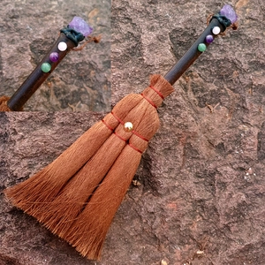 Handmade Wicca witch broom car pendant with amethyst crystal and dark wood handle