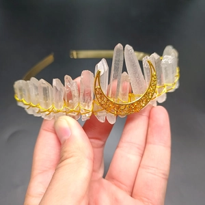 Handmade white crystal moon crown headband with gold wire wrapping for wedding bohemian hair