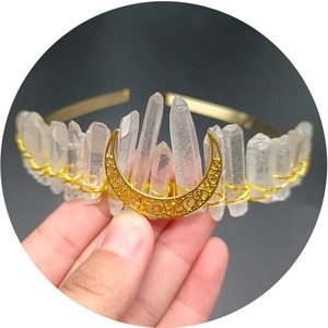 Handmade white crystal moon crown headband with gold wire wrapping for weddings and festivals