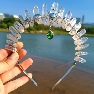 Serre-tête Couronne en Cristal Naturel Pendentif Soleil Lune Étoile de Mer Coquillage Fait Main Accessoires Cheveux Cosplay Femme Fête