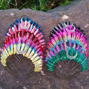 Couronne de cristal Wicca bohème avec pierres naturelles et breloque lune croissante