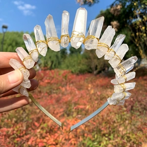 Handmade clear crystal crown headband with golden wire wrap for women's hair accessories