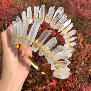Handmade natural raw white crystal crown headband with golden wire wrap for women