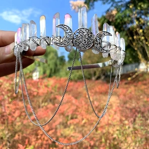 Detail of handmade rainbow crystal crown with silver crescent moon and fringe chains