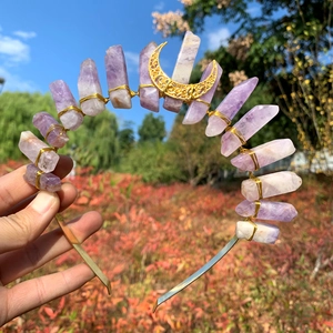 Bohemian purple crystal quartz crown with golden moon detail and handmade wire wrapping